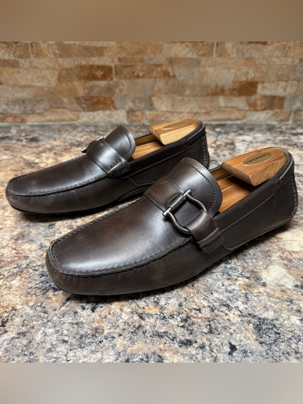 SALVATORE FERRAGAMO LUXURY MEN BROWN LEATHER SILVER BIT'S LOAFERS SHOES 8 EE